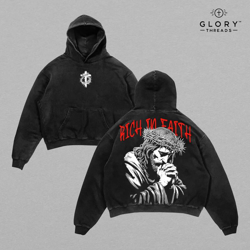 Rich in Faith - Jesus Pray T-Shirt Washed T-Shirt Washed, Bible Verse Hoodie, Sweatshirts, Jesus Hoodie, Church Outfit Unisex Oversized Graphic Tee for Men and Women Aesthetic Clothes
