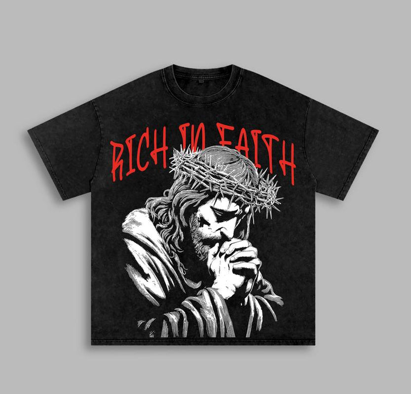 Rich in Faith - Jesus Pray T-Shirt Washed T-Shirt Washed, Bible Verse Hoodie, Sweatshirts, Jesus Hoodie, Church Outfit Unisex Oversized Graphic Tee for Men and Women Aesthetic Clothes