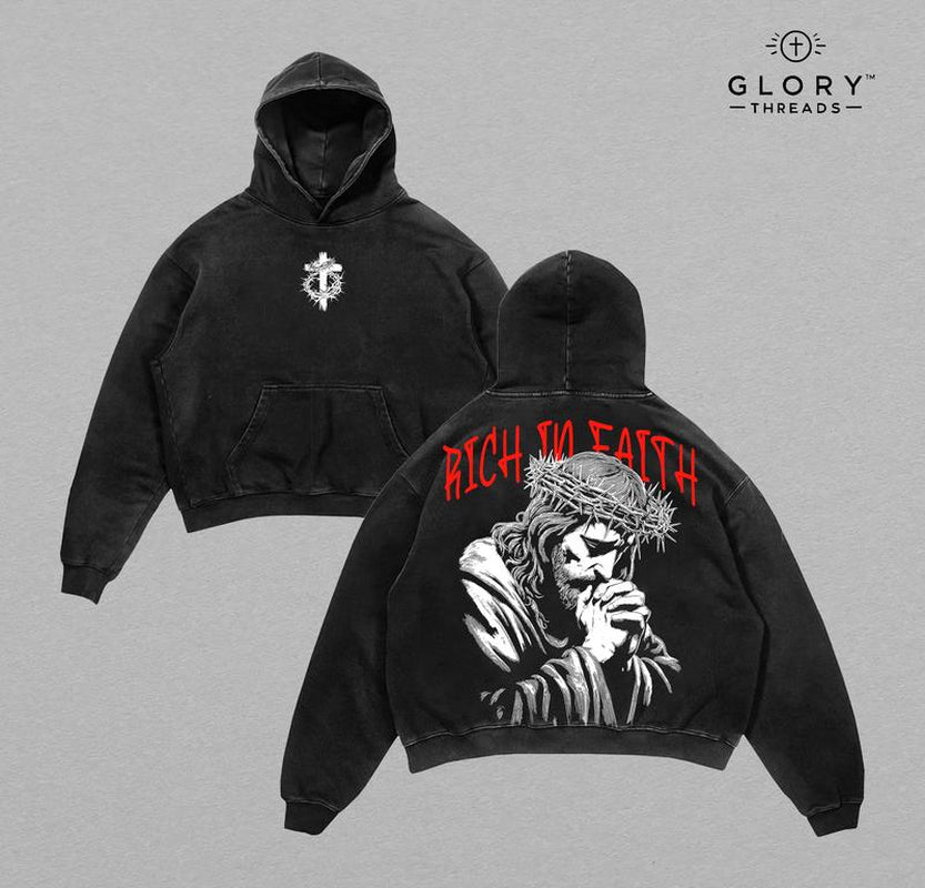 Rich in Faith - Jesus Pray T-Shirt Washed T-Shirt Washed, Bible Verse Hoodie, Sweatshirts, Jesus Hoodie, Church Outfit Unisex Oversized Graphic Tee for Men and Women Aesthetic Clothes