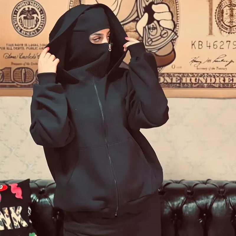 Men and Women Balaclava Y2K Gothic Harajuku Winter New Item Double Hooded Sweatshirt Men'S Hooded Mask Zipper Sportswear