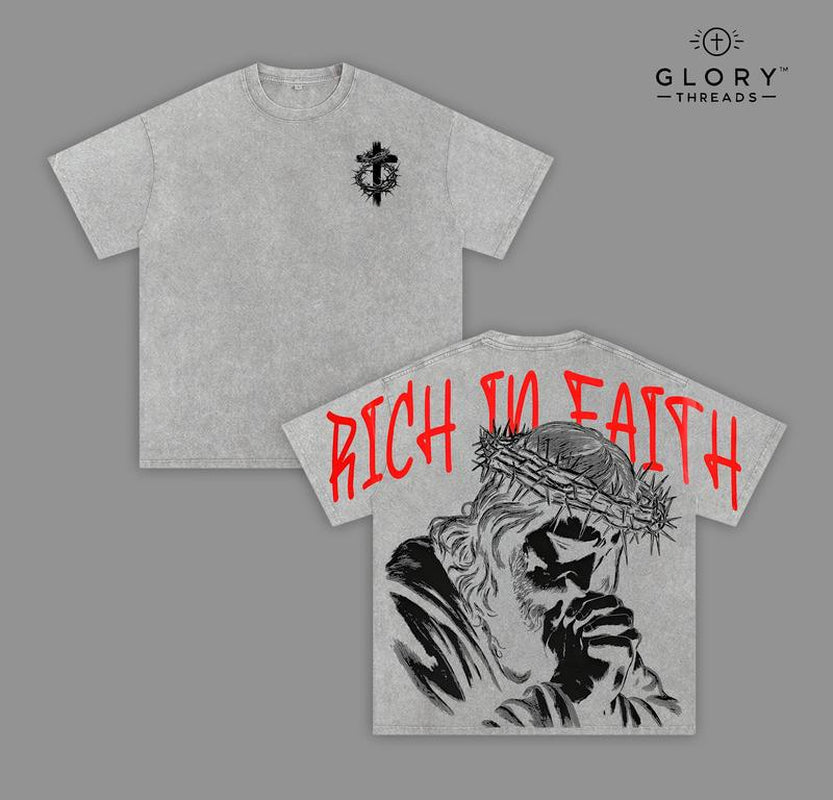 Rich in Faith - Jesus Pray T-Shirt Washed T-Shirt Washed, Bible Verse Hoodie, Sweatshirts, Jesus Hoodie, Church Outfit Unisex Oversized Graphic Tee for Men and Women Aesthetic Clothes