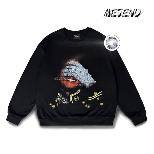 Unisex 100% Cotton Long Sleeve Sweatshirt, Sparkly Rhinestone Graphic Top, Oversized Streetwear Pullover, Casual Outfit