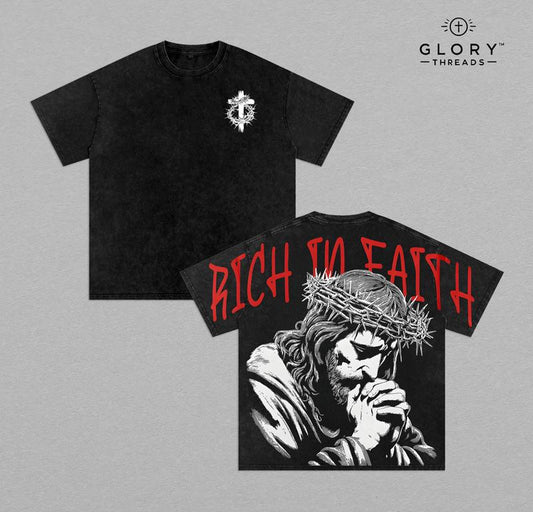 Rich in Faith - Jesus Pray T-Shirt Washed T-Shirt Washed, Bible Verse Hoodie, Sweatshirts, Jesus Hoodie, Church Outfit Unisex Oversized Graphic Tee for Men and Women Aesthetic Clothes