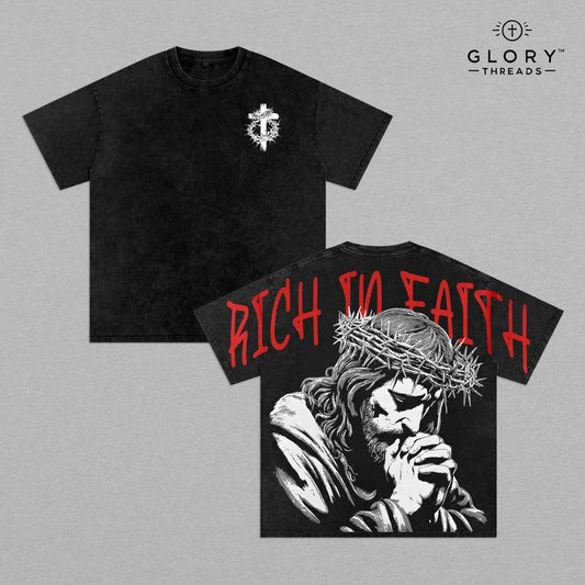 Rich in Faith - Jesus Pray T-Shirt Washed T-Shirt Washed, Bible Verse Hoodie, Sweatshirts, Jesus Hoodie, Church Outfit Unisex Oversized Graphic Tee for Men and Women Aesthetic Clothes