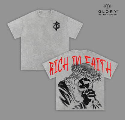 Rich in Faith - Jesus Pray T-Shirt Washed T-Shirt Washed, Bible Verse Hoodie, Sweatshirts, Jesus Hoodie, Church Outfit Unisex Oversized Graphic Tee for Men and Women Aesthetic Clothes